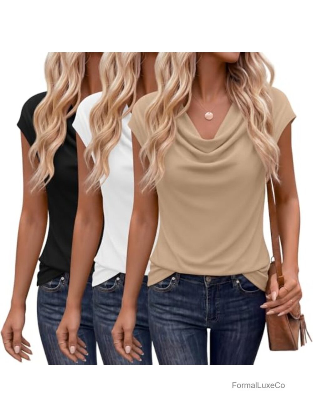 3 Pack Cowl Neck Dressy Tops Short Sleeve Cotton Blend